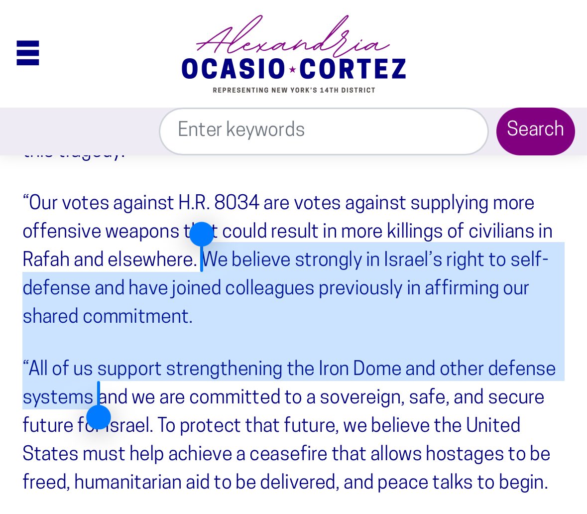 AOC called for more US funding and weapons to Israel both in April and last week. That’s not an arms embargo.

Honestly this office is a mess, you guys need a comms strategy that doesn’t involve contradicting each other publicly all the time.