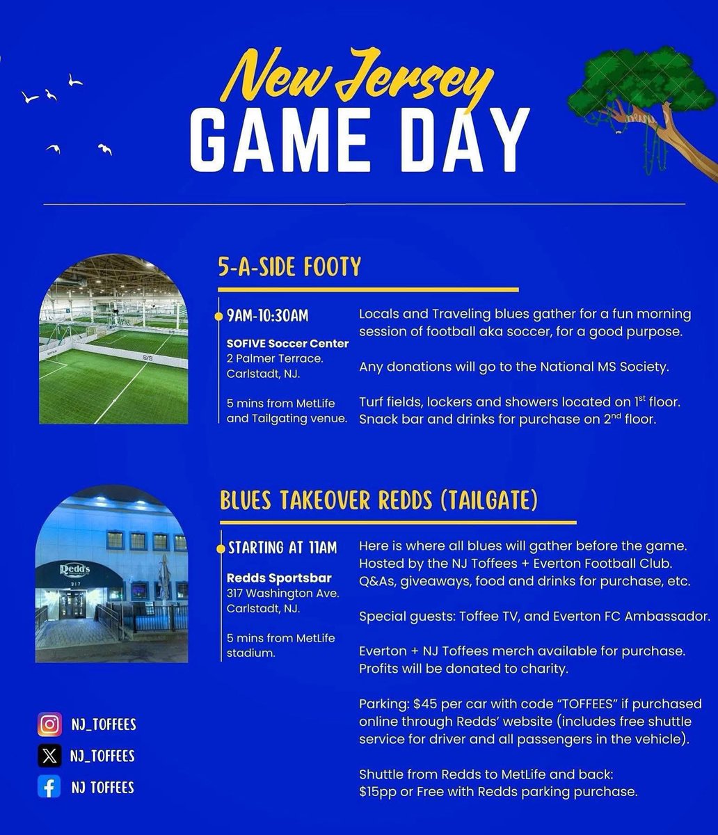 NAToffees's tweet image. Reminder of tomorrow’s events from the @NJ_Toffees
⚽️ 5 a side footy match
🍺 Pre game tailgate at Redds Sportsbar, which is being renamed Blues for the day!
🚎 Shuttle service to the stadium