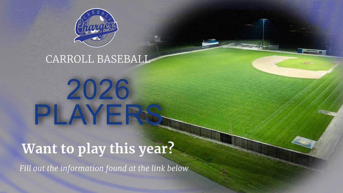 Carroll athletes (grades 9 - 12) interested in playing baseball for the Chargers in the spring of 2026 please fill out the information found at the following link as we plan and prepare for the upcoming school year. forms.gle/Xx3XoHEK1RasPL…