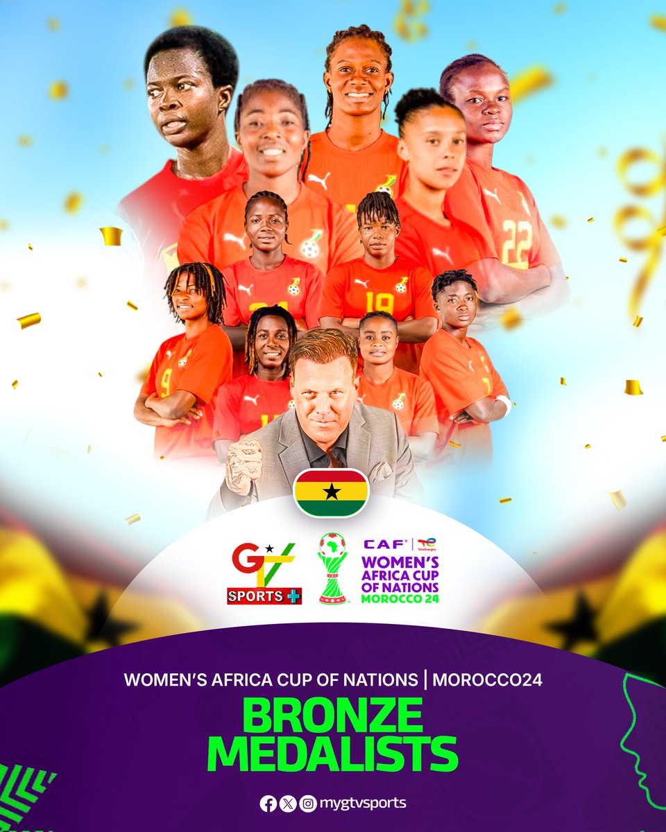 mygtvsports's tweet image. Bronze medal secured, Ghana's Black Queens outshine defending champions South Africa in a nail-biting 4-3 penalty shootout, to relive 2016 glory.
Well deserved achievement.
#WAFCON2024
#GTVSports
