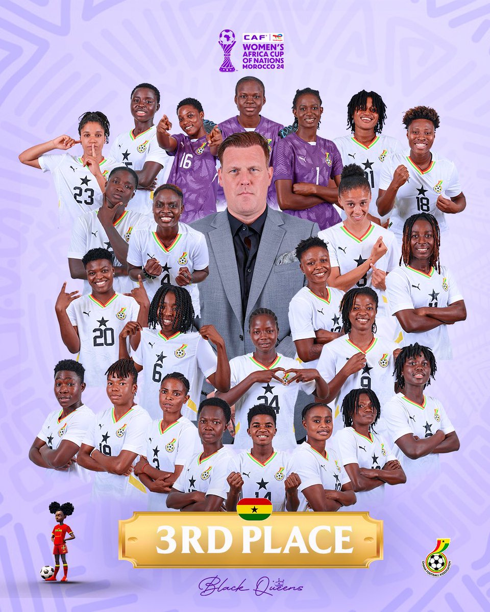 🚨𝗕𝗥𝗢𝗡𝗭𝗘 𝗠𝗘𝗗𝗔𝗟𝗜𝗦𝗧𝗦! 🥉

Congratulations to the Black Queens 🇬🇭🥉

Black Queens beat South Africa 4-3 on penalties to clinch the 3rd 🥉 place at the 2024 Women's AFCON.

#GuideSports #TotalEnergiesWAFCON2024