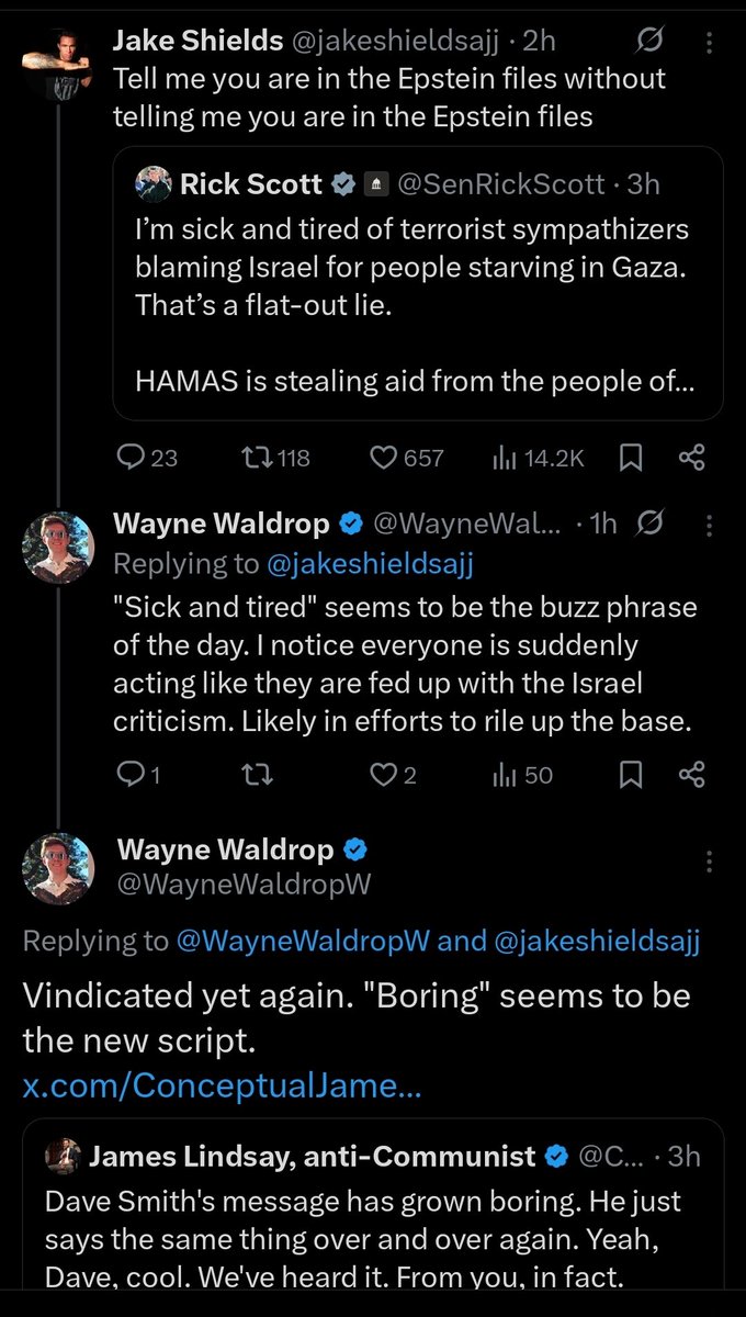 WayneWaldropW's tweet image. I called it. The new Psyop is that discussing Gaza is "boring" and people are "sick and tired" of it. The script is playing out in real time.