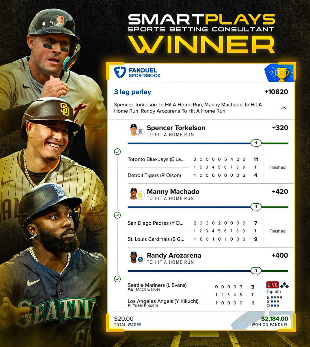 SmartPlaysDaily's tweet image. ✅ $20 -> $2,000 (+10,820)
Today’s plays have been sent to VIP!!
-> @VIPsmartplays
Adding 100 Spots to my 30% off VIP Promo!
Get full access to @VIPsmartplays NOW for just $15 - Equivalent to 50 Cents/Day 🤯
JOIN HERE ➡️ SMARTPLAYSDAILY.CA