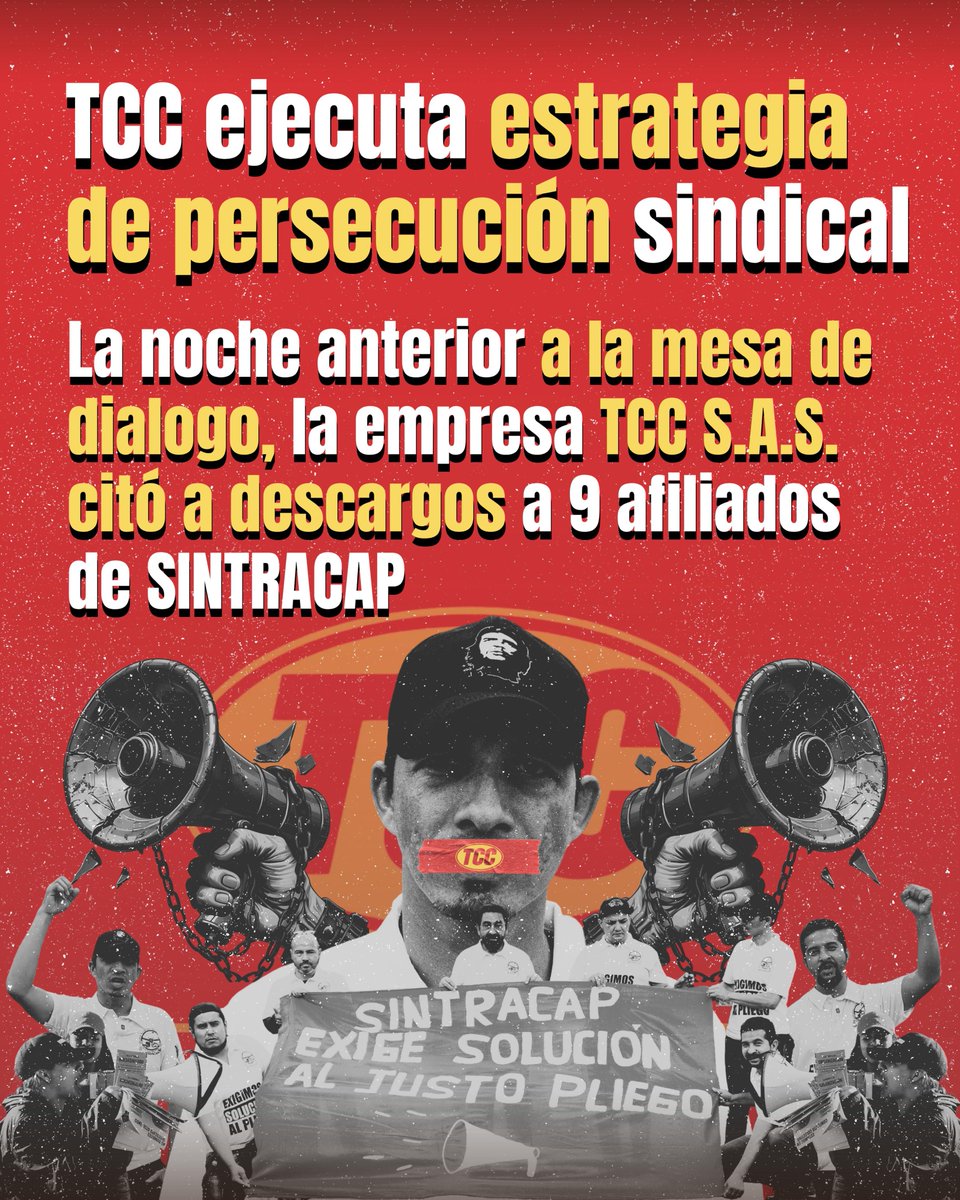 ¿Que esta pasando en <a href="/TCCcolombia/">GRUPO TCC</a>? Despiden compañeros, se levantan de la mesa de negociación y no contentos, llaman a descargos a 9 compañeros del sindicato 

Es urgente que todos compartamos esto 
<a href="/MintrabajoCol/">MinTrabajo</a> <a href="/AntonioSanguino/">Antonio Sanguino</a> <a href="/RobertDazaG/">Robert Daza Senador Campesino</a> 
<a href="/MafeCarrascal/">Mafe Carrascal Rojas</a>  
<a href="/petrogustavo/">Gustavo Petro</a>
