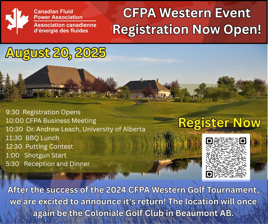 The CFPA Western Event is back. Registration is now open: cfpa.member365.ca/public/event/d…  Join us at the Coloniale Golf Club in Beaumont AB. on August 20.
#CFPA #fluidpower #golf #canada #hydraulics #networking #pneumatics #manufacturing #industry