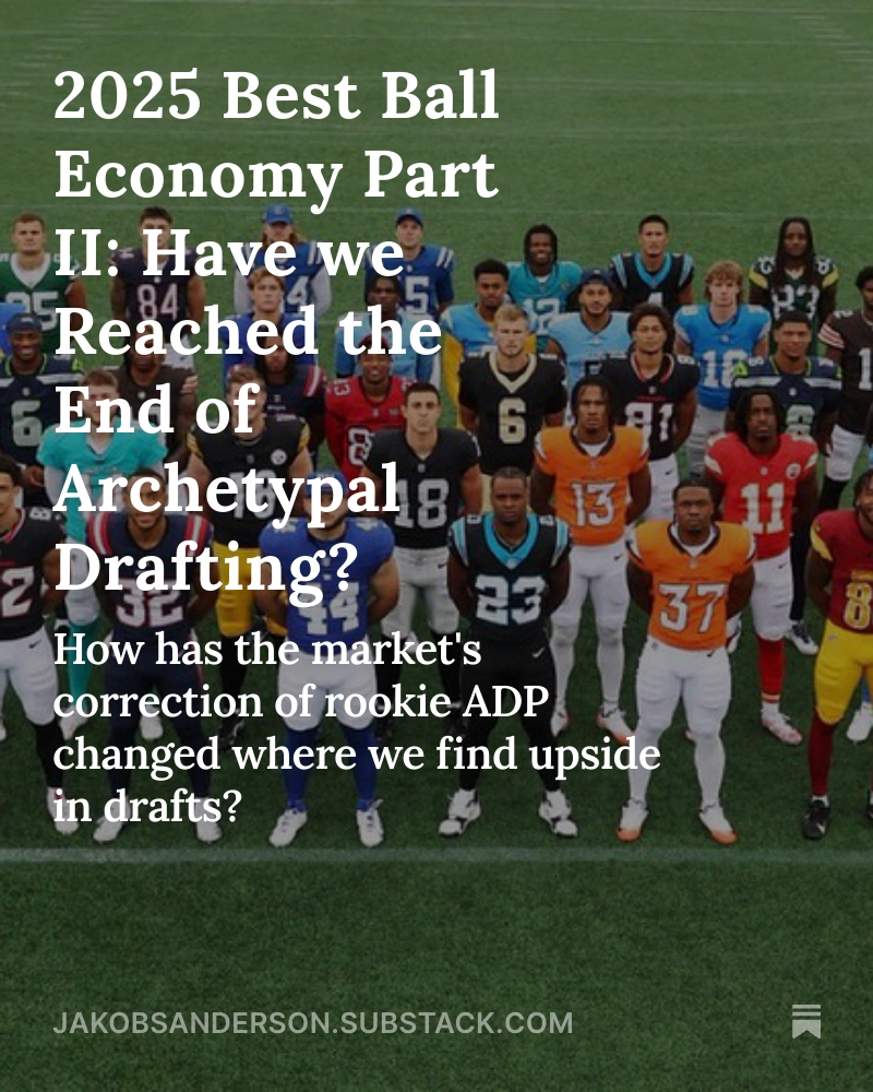 JakobSanderson's tweet image. New Article up on Thinking About Thinking:
We all know rookie WRs are screaming up boards. Do we still draft them? And should it change the entire structure of our drafts?
Here's how it's shifted my 2025 drafting strategy🔗⬇️
