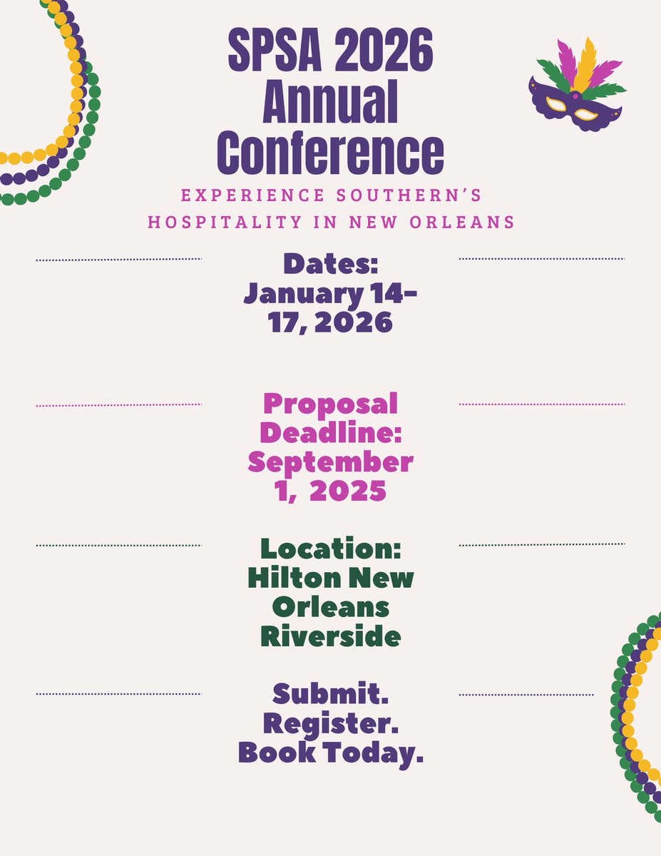 SPSAnews's tweet image. Join us in New Orleans for the SPSA 2026 Annual Conference, January 14-17. Submit proposals by September 1, and book your stay at the Hilton Riverside. Registration for the conference is now open.
spsa.net/annual-meeting/