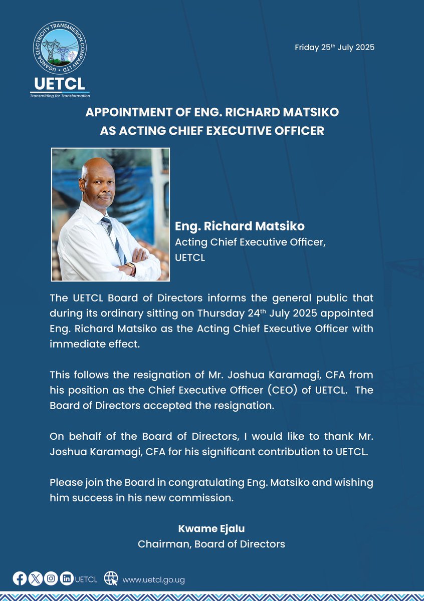 RedPepperUG's tweet image. #PepperUpdatesUG
Old ghosts return to haunt @uetcl as CEO Karamagi throws in towel. Eng. Richard Matsiko @UETCL_CEO who reached mandatory 60 year retirement age in January 2025 curiously takes over. redpepper.co.ug/uetcl-deputy-c…
Details why Karamagi quit coming.