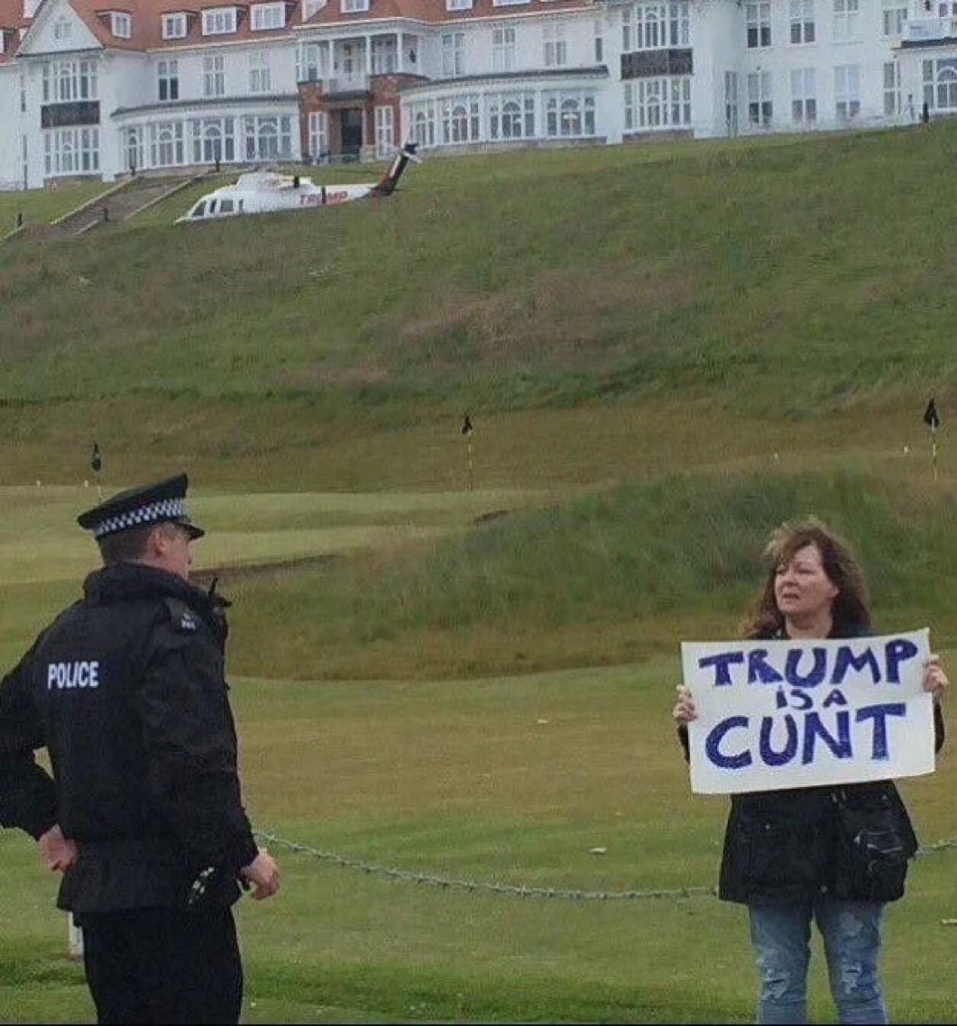 As the orange prick is arriving in Scotland today, I'm reminded of the late and much missed Janey Godley, I am sharing one of her finest moments.