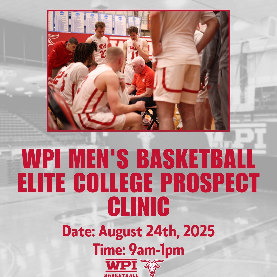 RileyNaclerio's tweet photo. We are just under 1 month away from our @WPIMBasketball Prospect Clinic on  Sunday August 24th from 9am-1pm! Registration is limited to 40 spots and there are not many spots left! 

🔗: https://t.co/LrNz5hQFLL

Questions? Email rnaclerio@wpi.edu! 

#TheGOATway https://t.co/eIWtFU9gZg