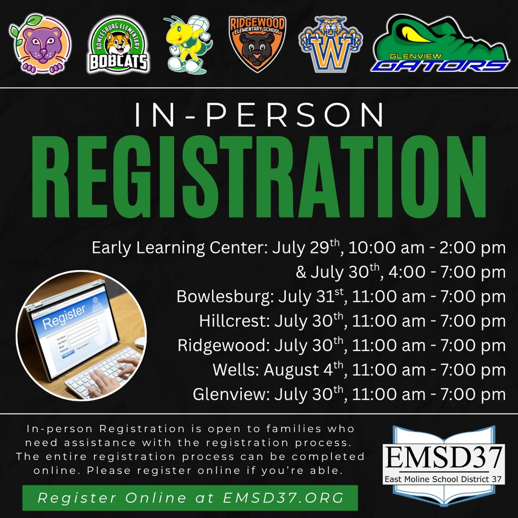 In-person registration will be available at your home school for families who need assistance.
Students must be registered by midnight on August 6th to begin school on the first day. 
Registration can be completed online here → emsd37.org/o/emsd-37/page…