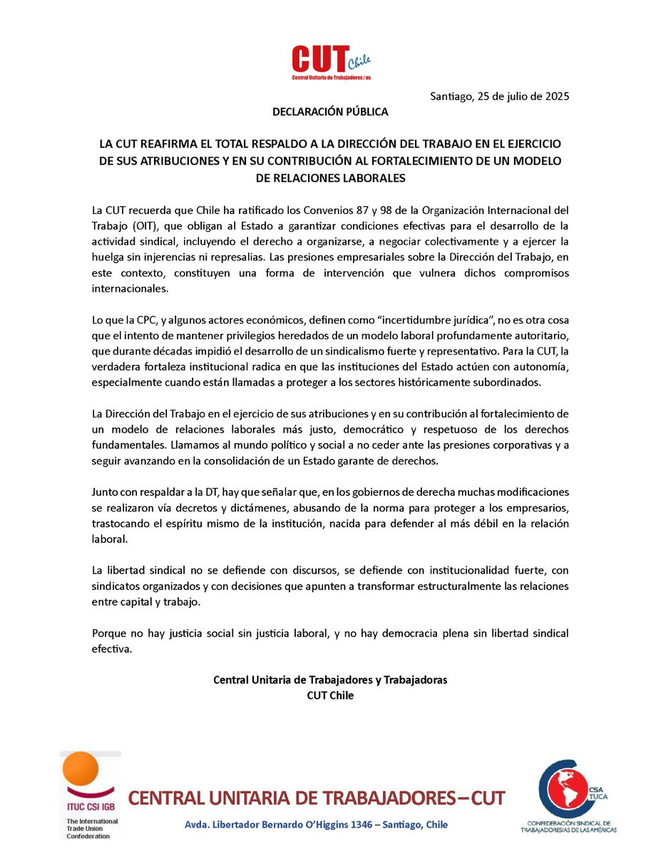 📌 DECLARACIÓN PÚBLICA CUT:
LA CUT RESPALDA A LA DIRECCIÓN DEL TRABAJO EN EL EJERCICIO DE SUS ATRIBUCIONES Y EN SU CONTRIBUCIÓN AL FORTALECIMIENTO DE UN MODELO DE RELACIONES LABORALES, frente a la carta abierta de la CPC publicada en el Diario El Mercurio. <a href="/adnradiochile/">Radio ADN</a>