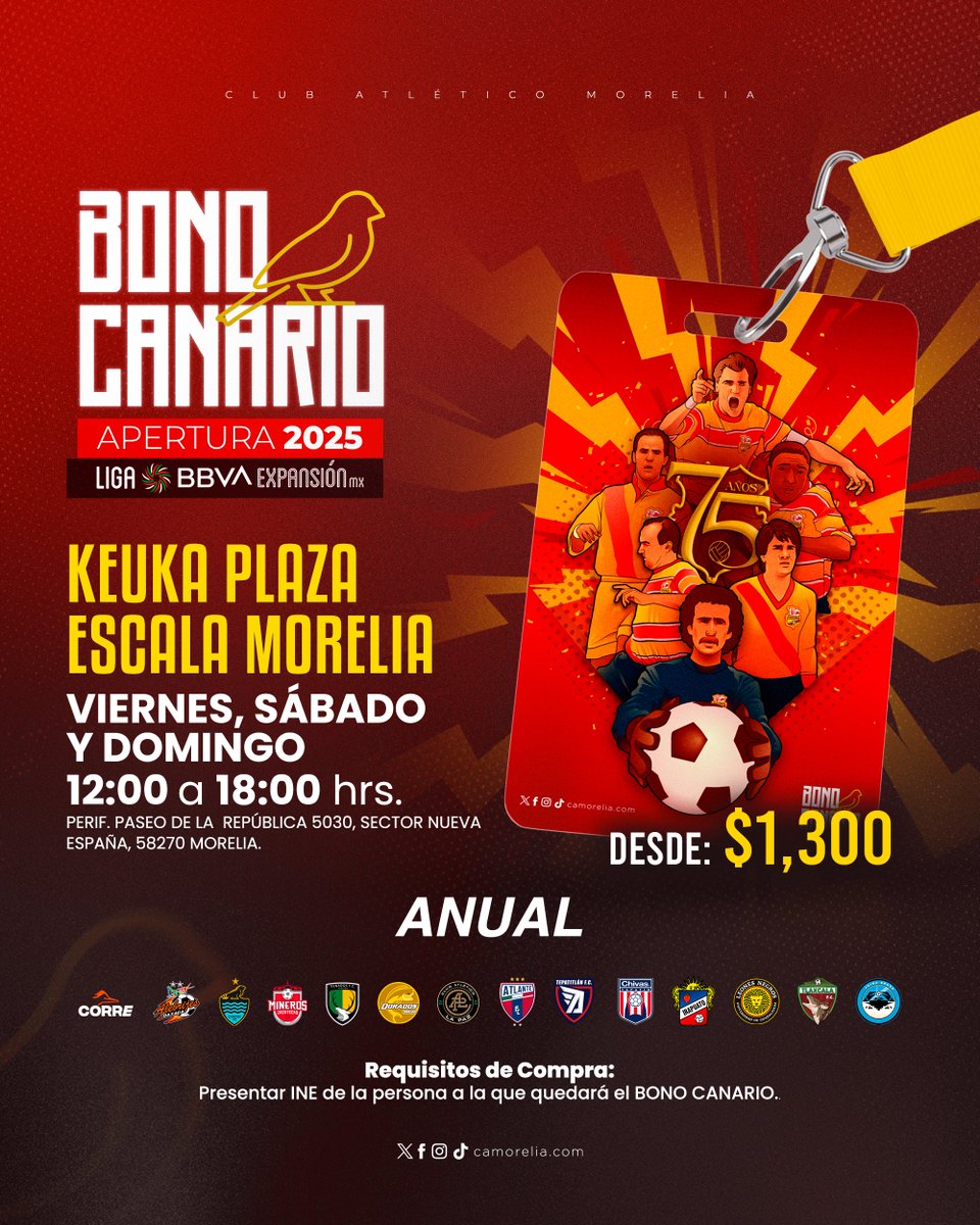 C_A_Morelia's tweet image. Adquiere tu pase semestral y/o anual a todos los partidos del CANARIO AP2025 - CL2026. 😎
🗓️ Viernes, sábado y domingo.
🕣 12:00 a 18:00 horas
📍Plaza Keuka Escala Morelia
#DelCanarioSoy