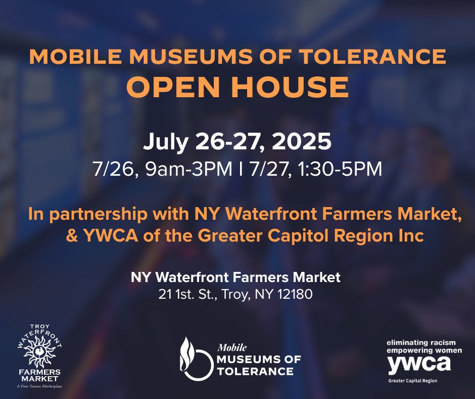MobileTolerance's tweet image. The NY Mobile Museum of Tolerance is revved up to be at the Troy Farmers Market!
️🗓️ Saturday, July 26-27, 2025
🕐 Hours: July 26: 9 am-3 pm; July 27: 1:30-5 pm
📍 21 1st St., Troy, NY 12180
We are bringing an immersive education experience to Troy, NY. In collaboration…