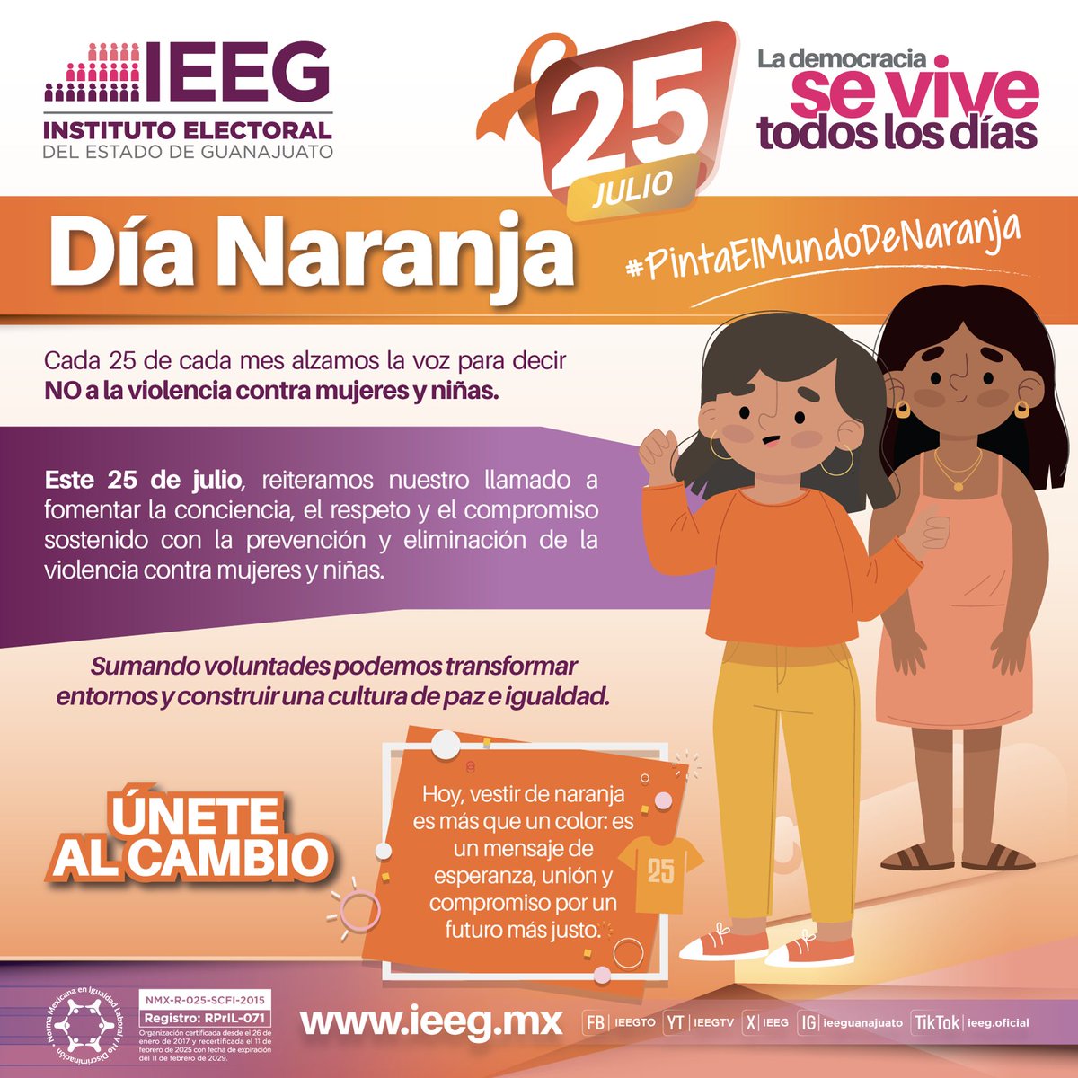 🟠| Hoy es #DíaNaranja

Este día nos invita a reflexionar sobre la importancia de erradicar la violencia de género en todas sus formas y a comprometernos con un futuro en el que todas las personas puedan vivir libres de miedo y discriminación.

#LaDemocraciaSeViveTodosLosDías