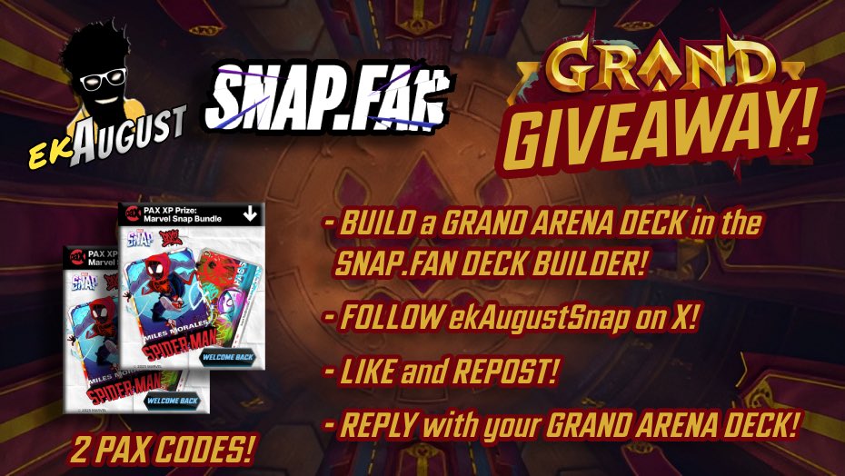 ekAugustSnap's tweet image. I’m so EXCITED about the new @marvelsnap game mode GrandArena that I’m giving away 2 PAX CODES!
How to enter:
1) Build a GrandArena deck with @SnapDotFan Deck Builder
2) Follow me!
3) Like & Repost
4) Reply here with your deck list
Submissions close on 07/27 1pm EST
Good luck!