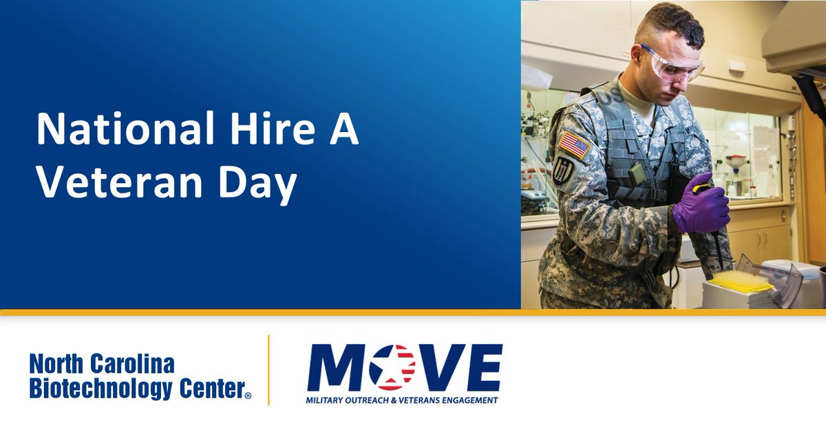 NCBiotech #NCLifeSciences (@ncbiotech) on Twitter photo In recognition of National Hire a Veteran Day, we raise awareness of the unique qualities of veterans and military spouses, such as leadership, teamwork, and a strong work ethic, plus the benefits of hiring these individuals. Learn more at: hubs.ly/Q03yZnFK0 In recognition of National Hire a Veteran Day, we raise awareness of the unique qualities of veterans and military spouses, such as leadership, teamwork, and a strong work ethic, plus the benefits of hiring these individuals. Learn more at: hubs.ly/Q03yZnFK0