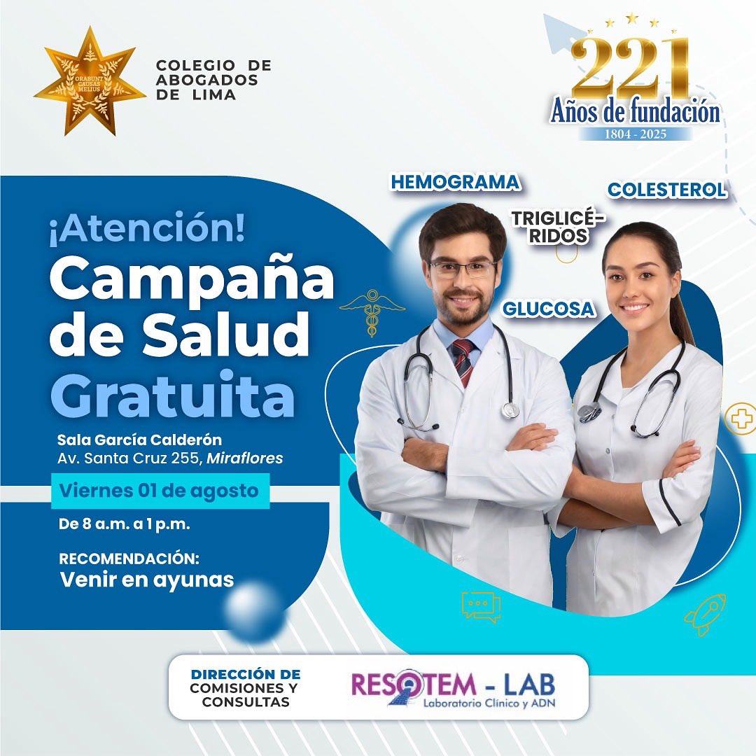 CALPERUOFICIAL's tweet image. 🩺 #CampañaDeSalud | ¡Cuida tu salud con nosotros! | El Colegio de Abogados de Lima invita a todos los agremiados a participar en nuestra Campaña de Salud Gratuita.
📍 Sala García Calderón
📌 Av. Santa Cruz 255, Miraflores
🗓 Viernes 01 de agosto
⏰ De 8:00 a. m. a 1:00 p. m.…