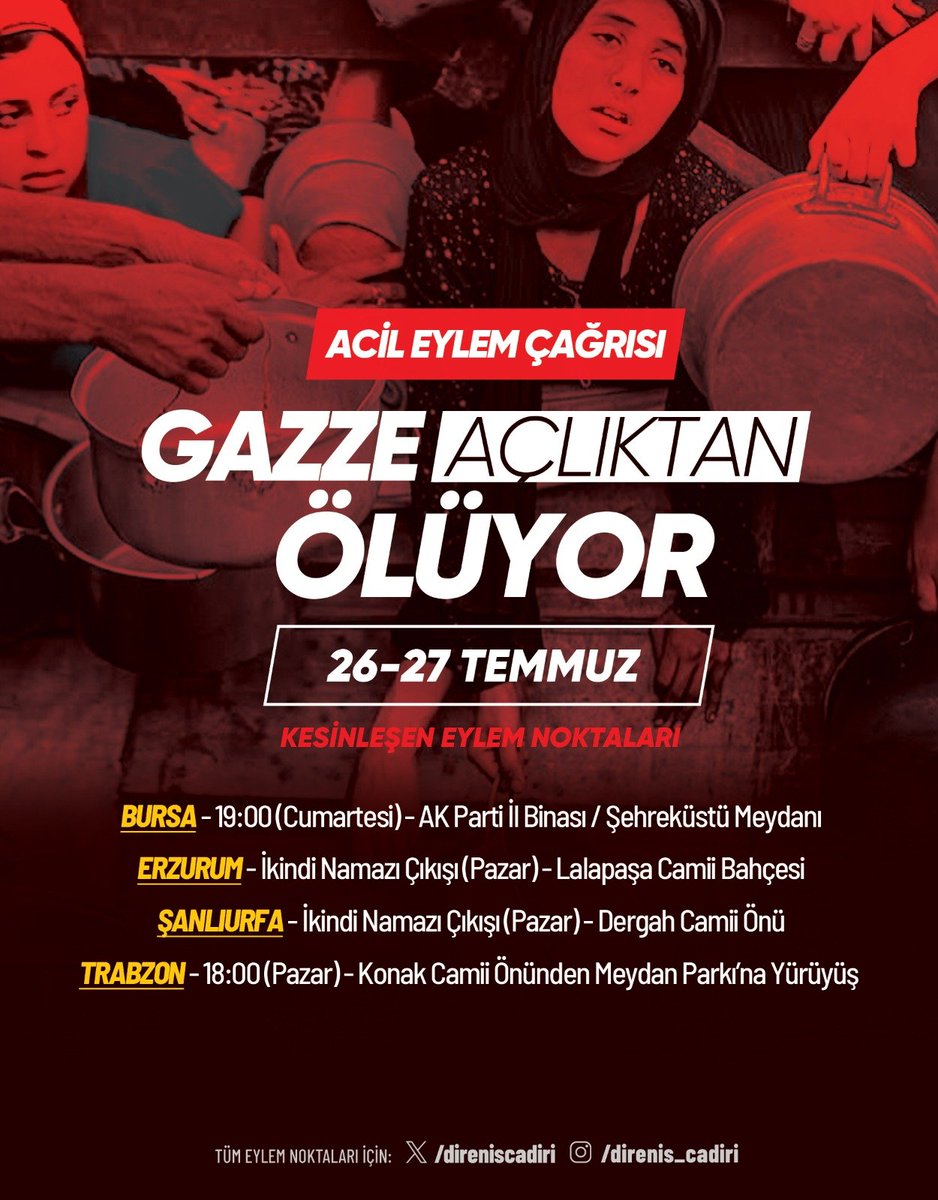 🔴EYLEM ÇAĞRISI - GAZZE AÇLIKTAN ÖLÜYOR! 

Gazze'de direnişi ezemeyen siyonist işgalciler Filistinlileri  açlıkla soykırıma uğratmak istiyor! Yüzbinlerce insanın ölümle karşı karşıya kaldığı bu felaket durumuna karşın iktidarlar hamaset dışında somut adım atmıyor. "İsrail'e tam