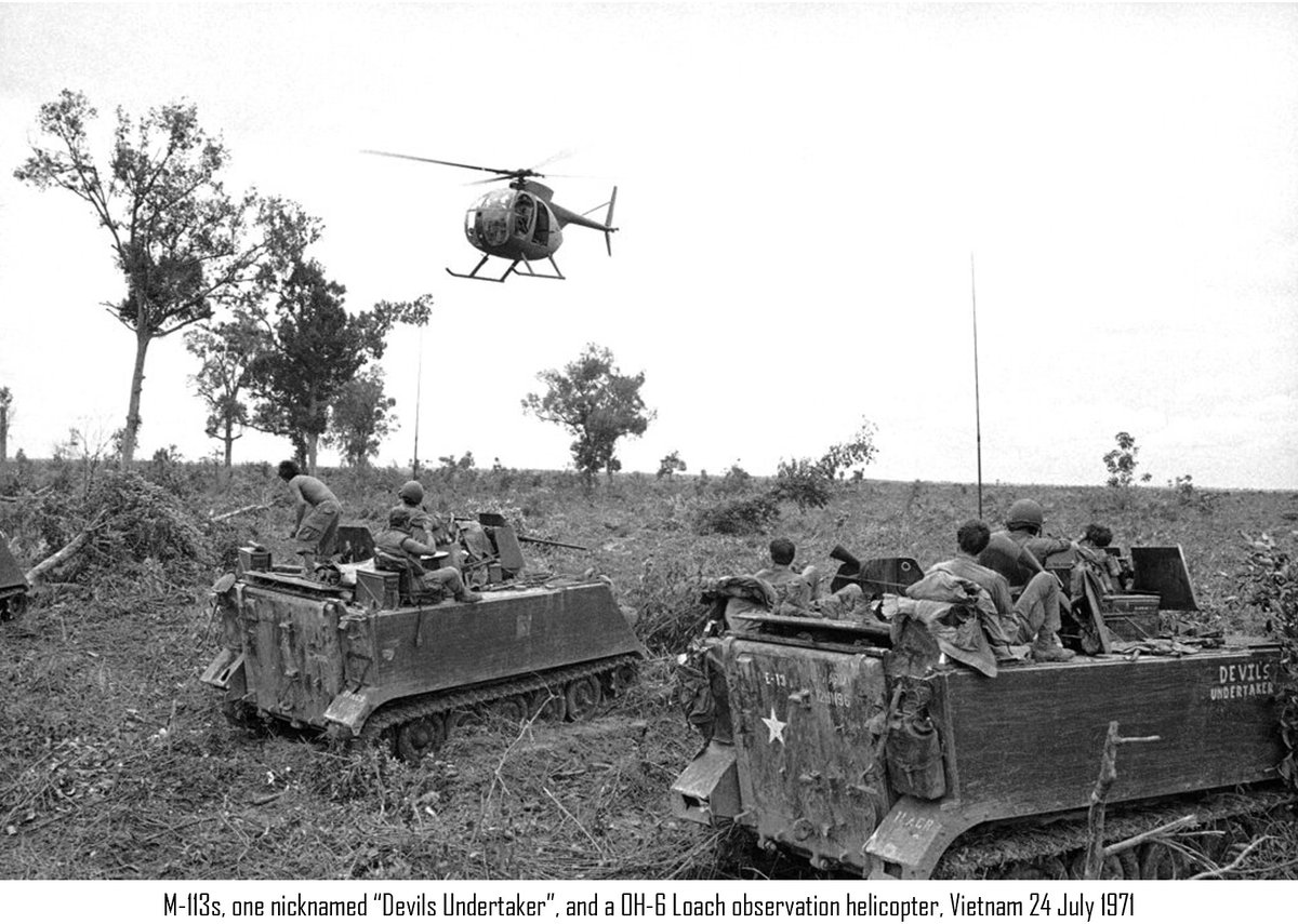 WarsIndo's tweet image. M-113s, one nicknamed “Devils Undertaker”, and a OH-6 Loach observation helicopter, Vietnam 24 July 1971