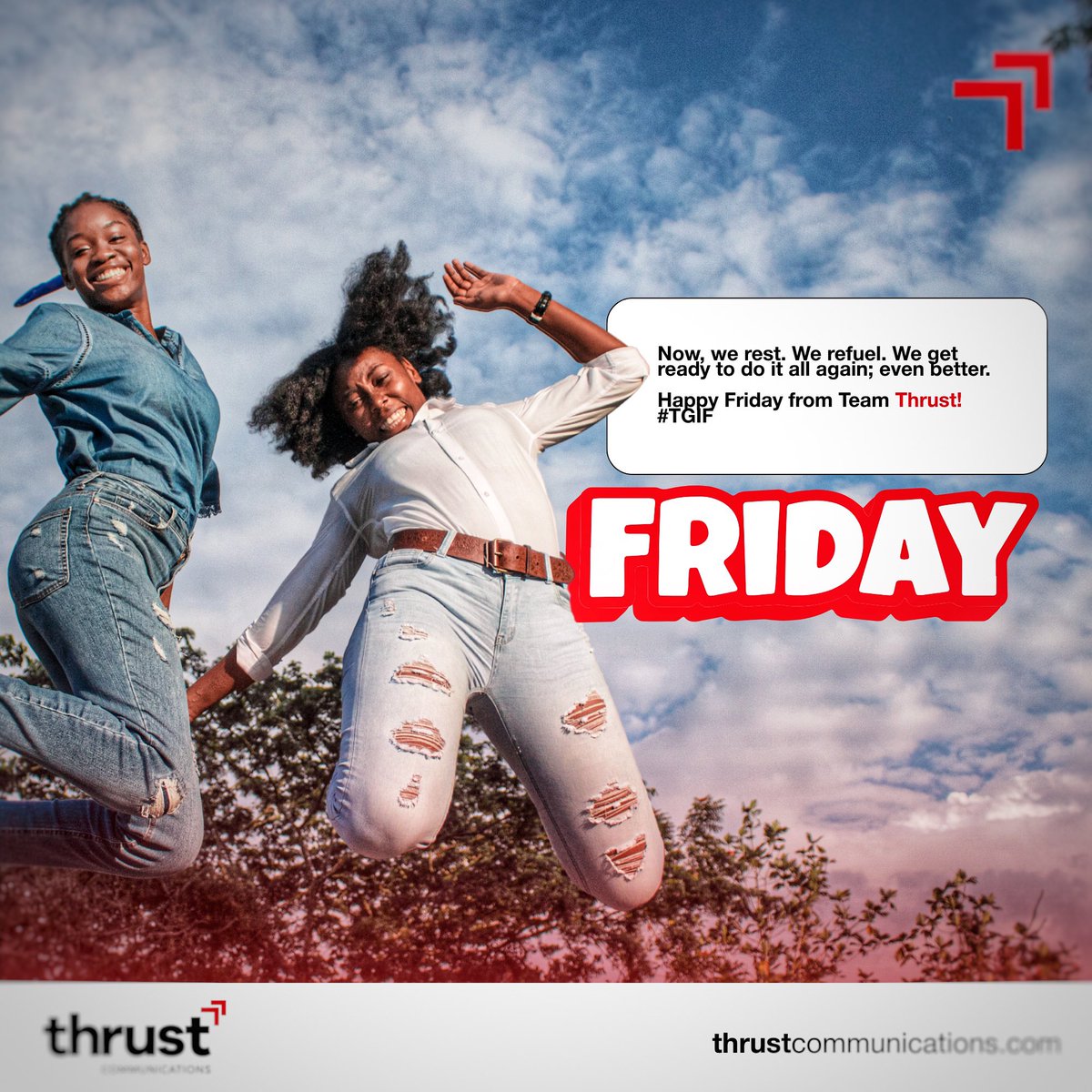 thrustcomNG's tweet image. From media mentions to brand magic, this week reminded us that great communication isn’t just about saying it loud, it’s about saying it right.

Now, we rest. We refuel. We get ready to do it all again; even better.

Happy Friday from Team Thrust!

#TGIF