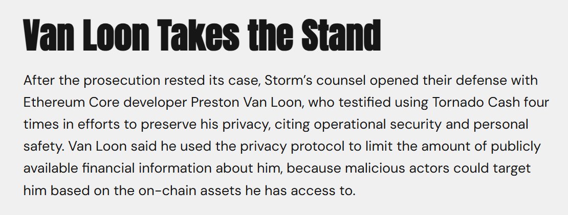 David Hoffman (@trustlessstate) on Twitter photo Ethereum core developer <a href="/preston_vanloon/">prestonvanloon.eth</a> took the stand to testify in the defense of <a href="/rstormsf/">Roman Storm 🇺🇸 🌪️</a>
This is why I love Ethereum - ETH is being built with a vicious commitment to values and freedom.
Rainbows and unicorns in the front, but claws and teeth in the back. Ethereum core developer <a href="/preston_vanloon/">prestonvanloon.eth</a> took the stand to testify in the defense of <a href="/rstormsf/">Roman Storm 🇺🇸 🌪️</a>
This is why I love Ethereum - ETH is being built with a vicious commitment to values and freedom.
Rainbows and unicorns in the front, but claws and teeth in the back.