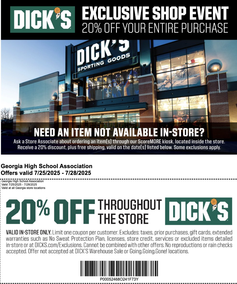 Gear up for the new school year with 20% off your entire purchase at DICK'S Sporting Goods, July 25-28! Don’t miss out 🏈🥎🏐 bit.ly/4lZh1IF
