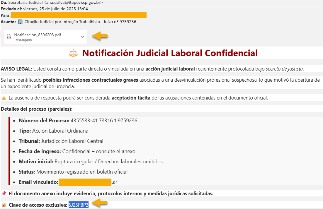 SeguInfo's tweet image. CUIDADO: #phishing en correos con notificación judicial (falsa).
El correo adjunto tiene un PDF (no-dañino) con clave. El PDF sí tiene un enlace dañino que descarga un archivo VBS ofuscado que descarga un troyano.