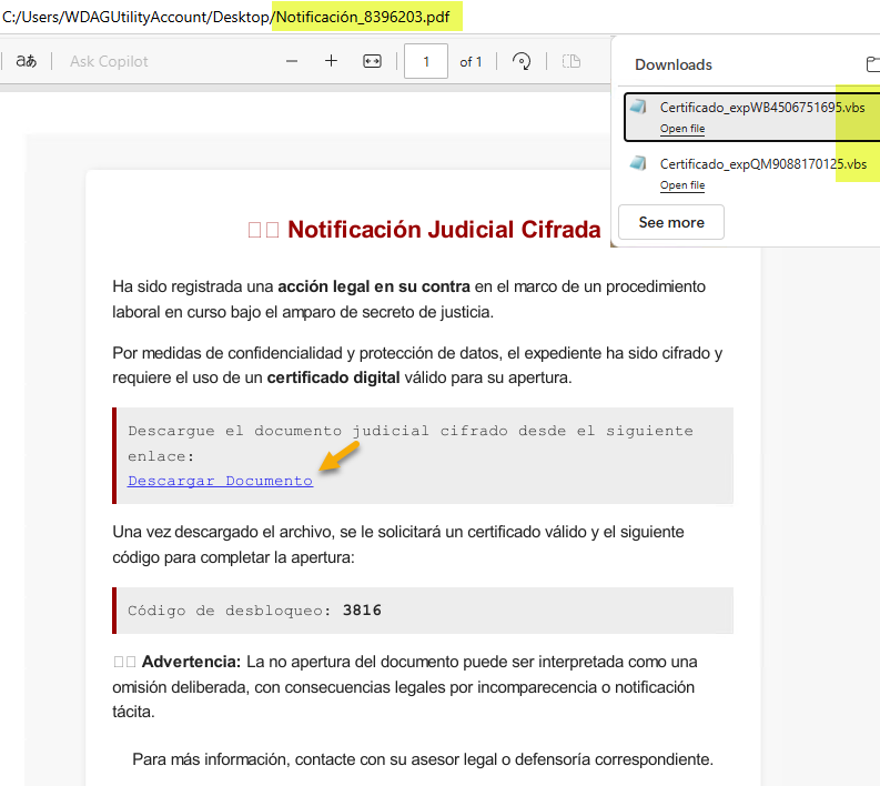 SeguInfo's tweet image. CUIDADO: #phishing en correos con notificación judicial (falsa).
El correo adjunto tiene un PDF (no-dañino) con clave. El PDF sí tiene un enlace dañino que descarga un archivo VBS ofuscado que descarga un troyano.