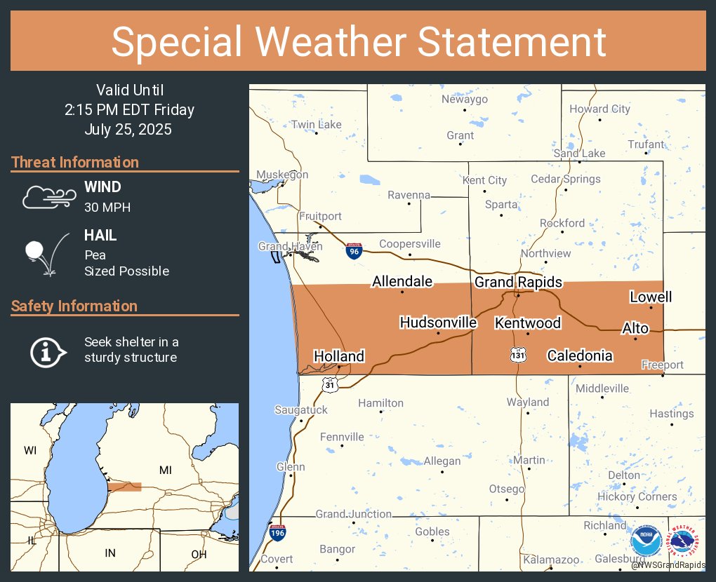 NWSGrandRapids's tweet image. A special weather statement has been issued for Grand Rapids MI, Wyoming MI and Kentwood MI until 2:15 PM EDT