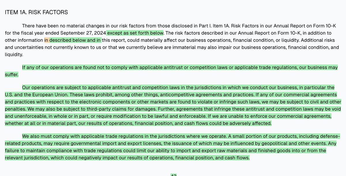 d__risk's tweet image. $TEL - TE Connectivity Ltd. New Switzerland Registered Shares - 10Q - Updated Risk Factors
TEL flags new risk: potential business impact if operations violate antitrust, competition, or trade laws. #ElectronicsComponents #BusinessOperations #TradeLaw #AntitrustRisk…