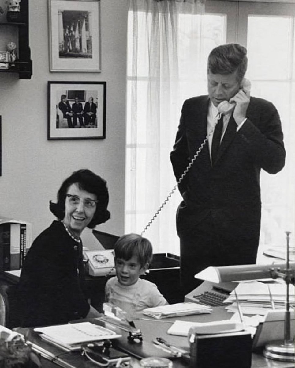 JFK_MEMORIESS's tweet image. President John F. Kennedy, John Jr., and his Personal Secretary, Evelyn Lincoln, in the White House, 1963.