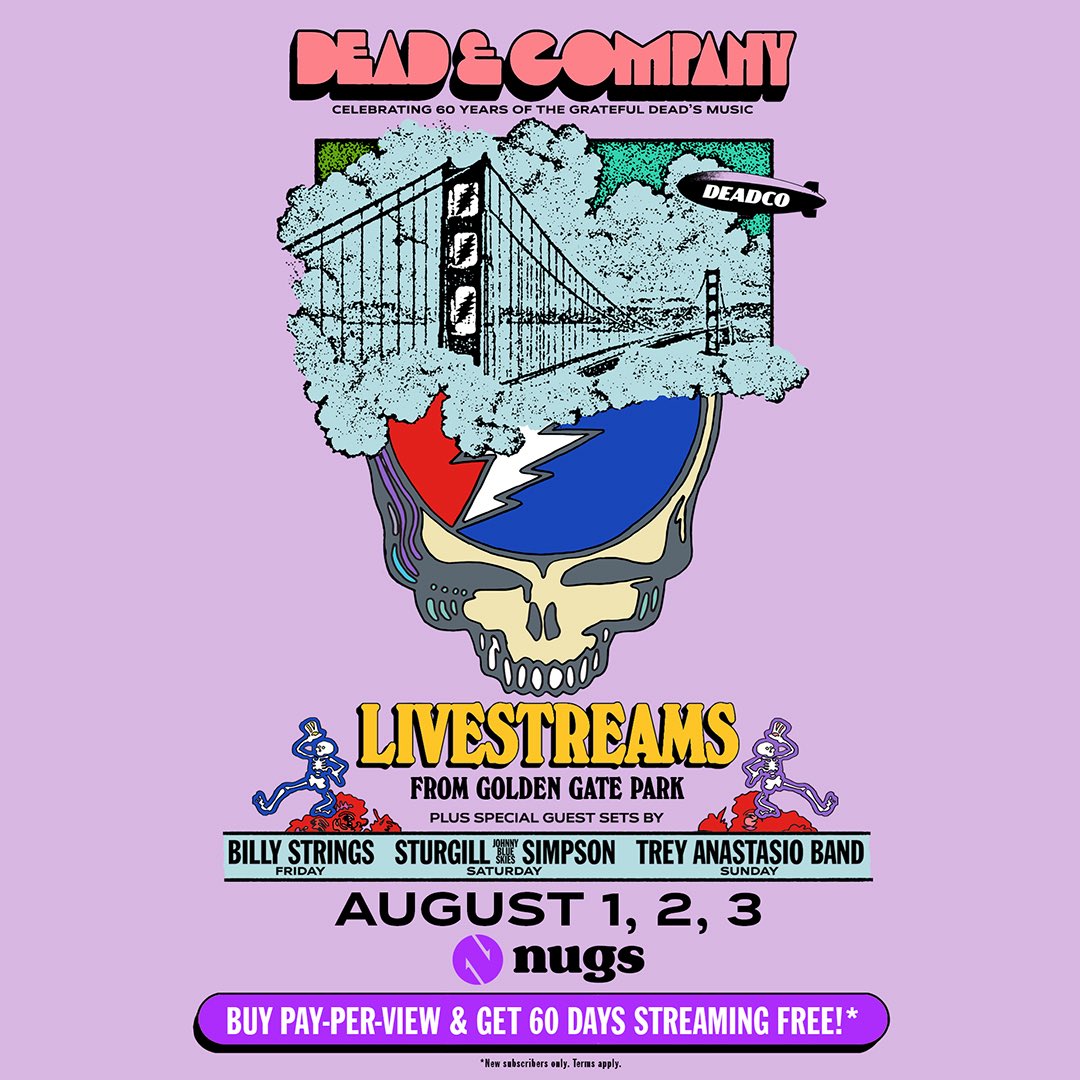 In just one week we’ll be getting started at Golden Gate Park 💀🌁 Get your livestream passes in 4K or HD at nugs.net/dead, and watch all three nights of Dead &amp; Company, plus opening sets from <a href="/BillyStrings/">Billy Strings</a>, #JohnnyBlueSkies, and Trey Anastasio Band ⚡️#DeadCoSF