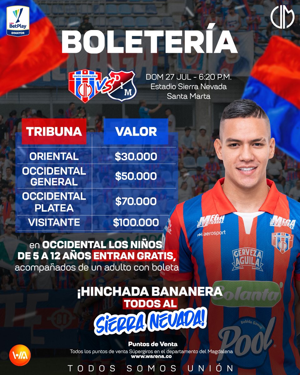 UnionMagdalena's tweet image. ¡Ya se encuentra disponible la boletería! 🔵🔴💪🏻🏟️⚽️
Este domingo, el Ciclón recibe a Independiente Medellín, en el estadio Sierra Nevada. 💥
🎫 Adquiere tus boletas en: warena.co/#/evento/1233 👈🏻
¡Que no se quede nadie en casa, todos al estadio! 🌪️🙌