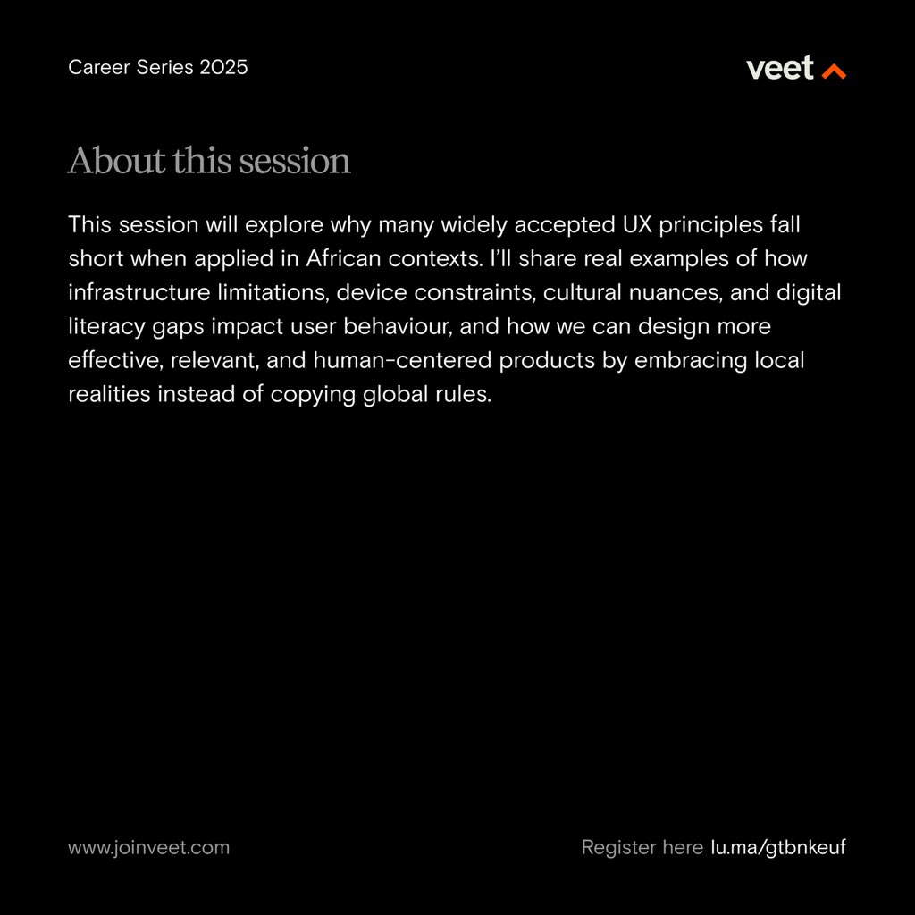 joinveet's tweet image. 🚨 Happening Tonight at 7 PM WAT!
We’re hosting Foluso, Product Designer & AI for Africans Lead at AltSchool Africa, to talk about:
🎙 When UX Rules Don’t Work: Designing for African Realities
📍 Twitter Space
🔗
#VeetCareers #UXDesign #DesignForAfrica