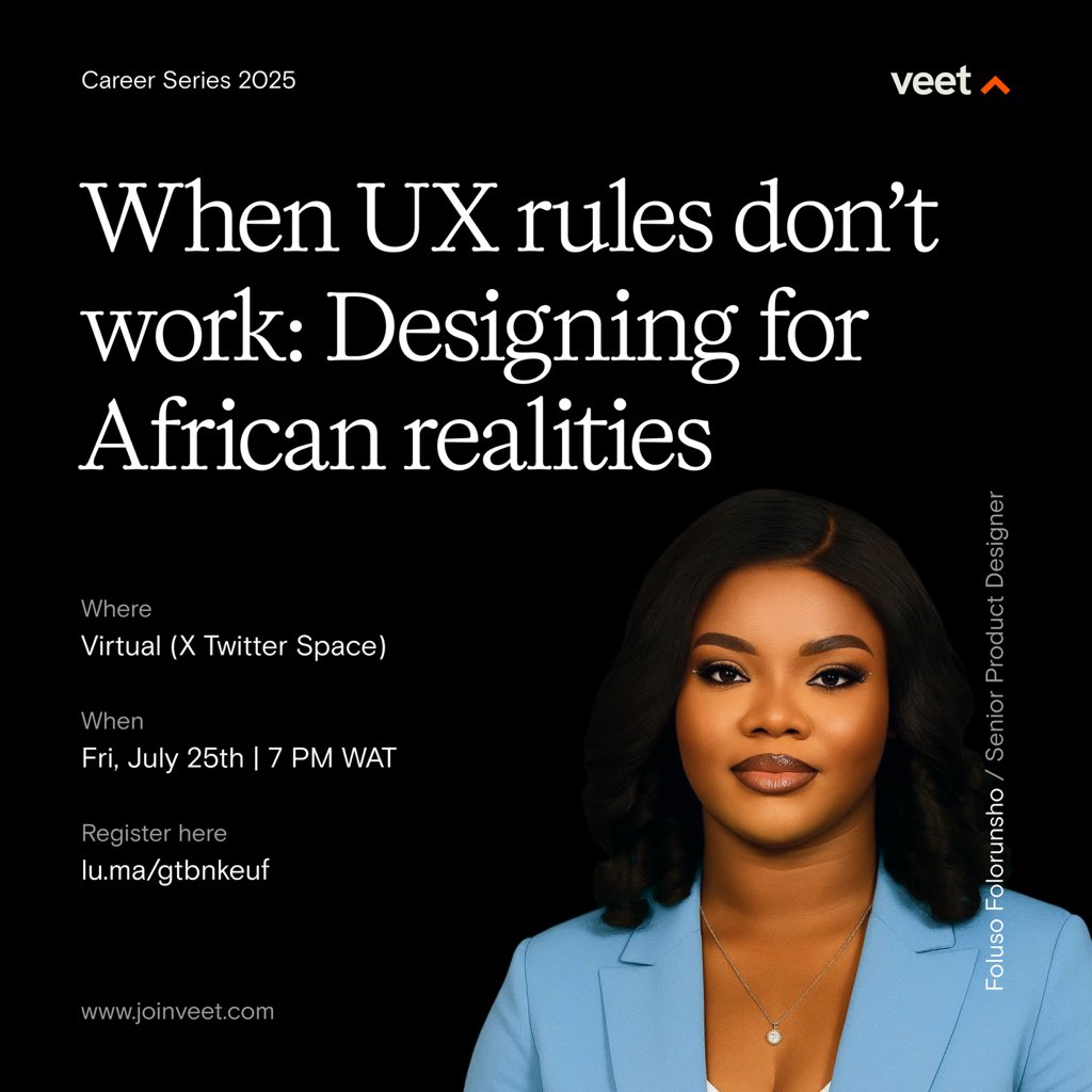 joinveet's tweet image. 🚨 Happening Tonight at 7 PM WAT!
We’re hosting Foluso, Product Designer & AI for Africans Lead at AltSchool Africa, to talk about:
🎙 When UX Rules Don’t Work: Designing for African Realities
📍 Twitter Space
🔗
#VeetCareers #UXDesign #DesignForAfrica