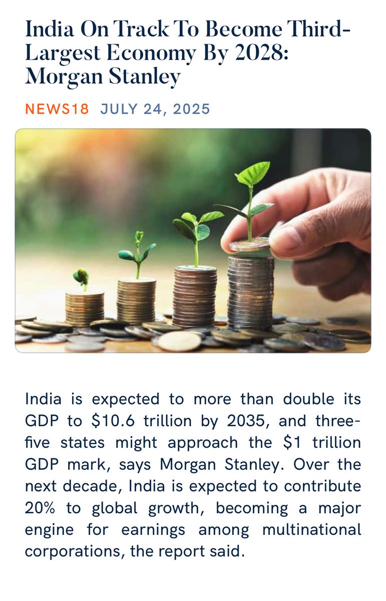 visrane's tweet image. India On Track To Become Third-Largest Economy By 2028: Morgan Stanley
news18.com/business/econo…
via NaMo App