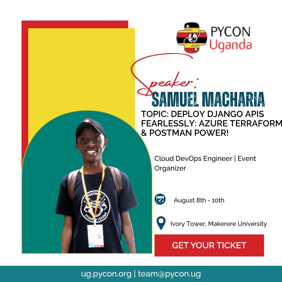 pyconuganda's tweet image. PyCon Uganda 2025 speaker: Samuel Macharia
Topic: "Deploy Django APIs Fearlessly: Azure Terraform & Postman Power!"
From code to cloud—deploy Django APIs with confidence!
Register: ug.pycon.org
#PyConUganda2025 #PyCon #PyConUganda