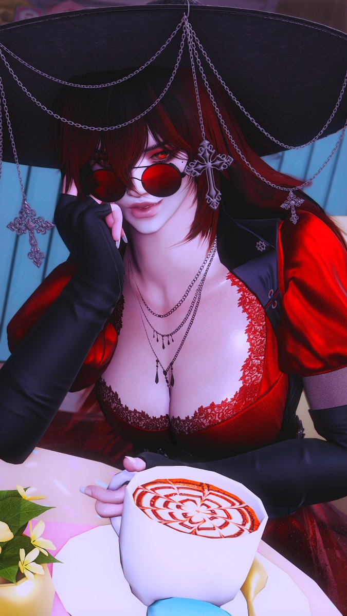 Iris_Bites's tweet image. Oh don't give me that look!
Yes, I only get nourishment from vitae, but that doesn't mean I can't enjoy a moggaccino from time to time.
Don't worry about the sun either, as long as I funnel blood into my skin I will be fine.
It is painful, but so is an unlife without caffeine.