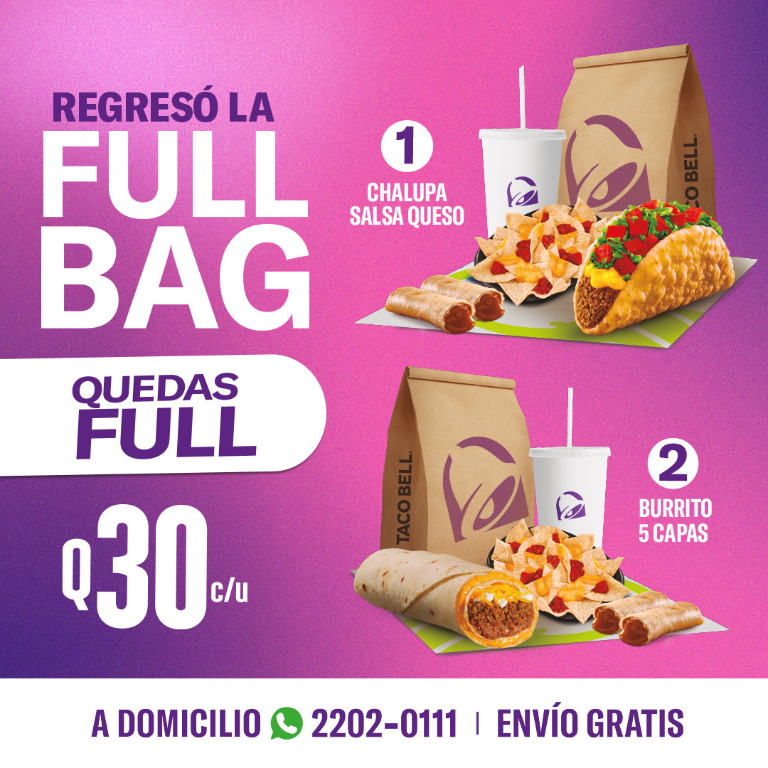 Regresó la Full Bag, por tiempo limitado.

¿Tu cuate y tú tienen hambre? Caigan con todo y pidan cada uno la suya por Q30 c/u y quedan más que quietos.

Pídelo a domicilio al 2202-0111.

Por tiempo limitado

📲Ordena aquí lili.ly/df4102bf