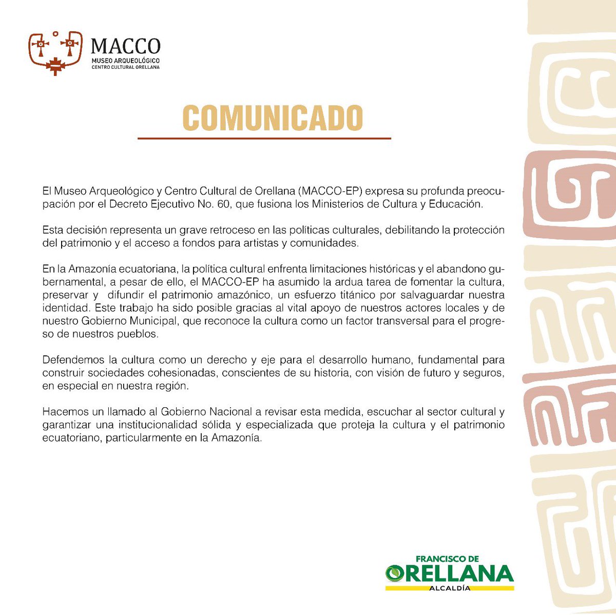 museo_MACCO's tweet photo. #Comunicado | Ante el Decreto Ejecutivo 60 emitido por el Gobierno Nacional, el MACCO-EP se pronuncia.
@CasadelaCultura @Presidencia_Ec https://t.co/6DzuaY1U9A