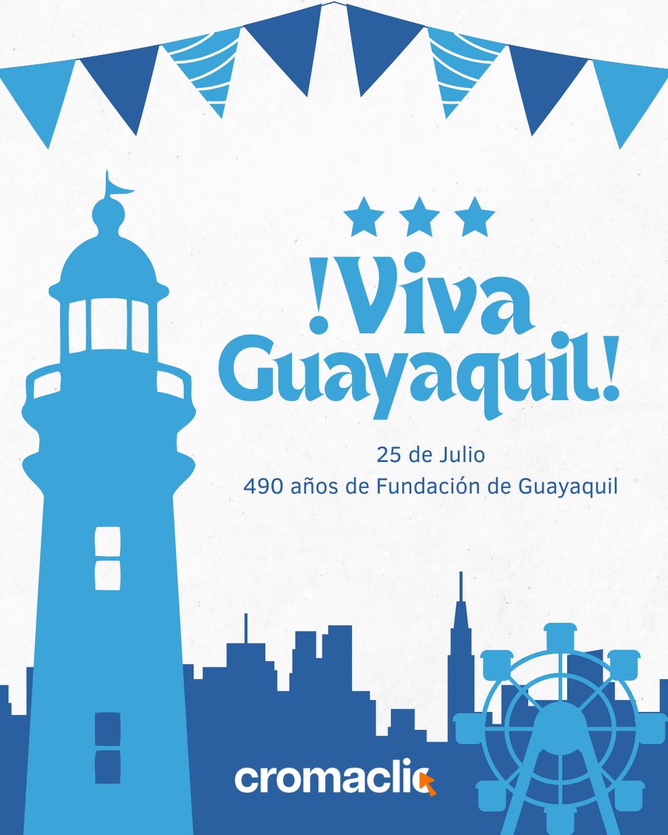 Cromaclictv1's tweet image. ¡VIVA GUAYAQUIL! 🔵 🥳
#Cromaclic saluda a la Perla del Pacífico en sus 490 años de fundación 🎉
#VivaGuayaquil #Guayaquil #fiestas