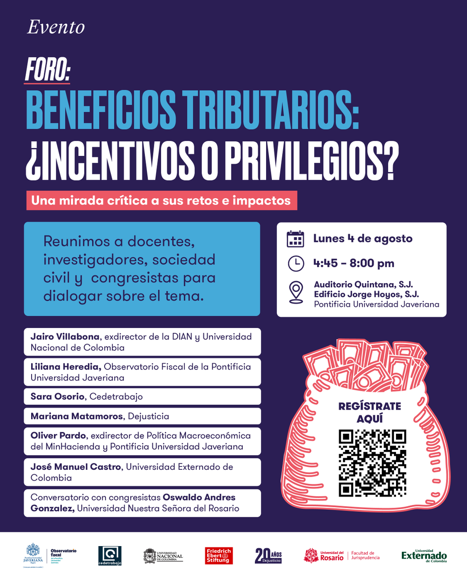 ¿Los beneficios tributarios impulsan la productividad o profundizan el hueco fiscal?
Los invitamos el próximo 4 de agosto a las 5:00 p.m. en la 📍<a href="/UniJaveriana/">Pontificia Universidad Javeriana</a> a esta conversación clave junto a la Red de Trabajo Fiscal y Congresistas

Inscríbete aquí: 👇forms.office.com/r/SdxGggEazu