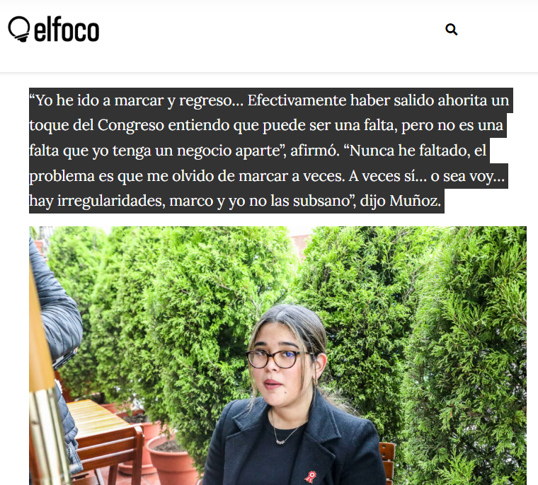 Pero cómo va a ser difamación, Milagros, si en el mismo reportaje de <a href="/elfoco_pe/">El Foco</a> declaras esto: "Haber salido ahorita del Congreso puede ser una falta...", cuando saliste de la chamba pública para atender "un toque" tu emprendimiento privado. 🙃elfoco.pe/2022/07/politi…