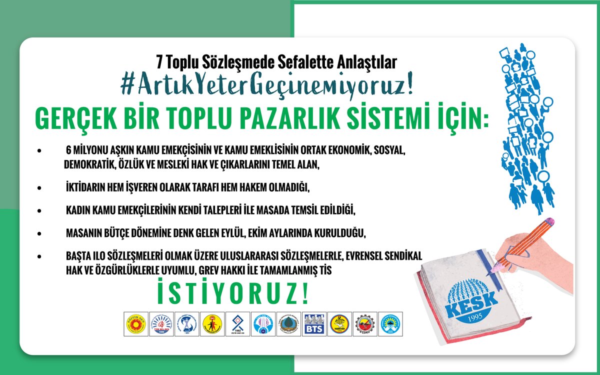 7 Toplu Sözleşmede Sefalette Anlaştılar!
#ArtıkYeterGeçinemiyoruz!

Gerçek Bir Toplu Pazarlık Sistemi İçin:
•6 milyonu aşkın kamu emekçisinin ve kamu emeklisinin ortak ekonomik, sosyal, demokratik, özlük ve mesleki hak ve çıkarlarını temel alan,
•İktidarın hem işveren olarak