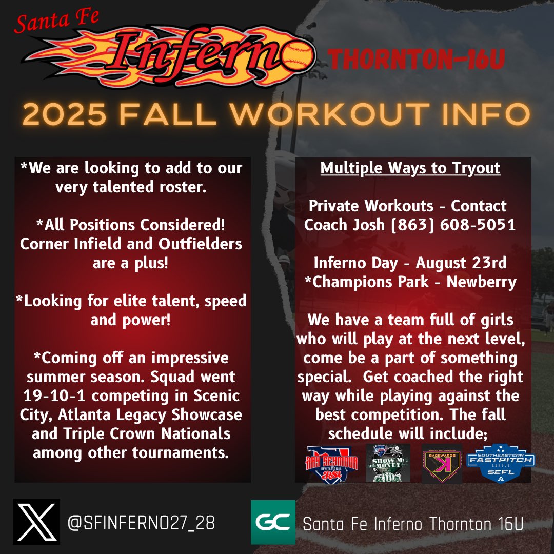 🚨 Tryout/Workout information 🚨 
Looking for a couple of studs to add to a loaded team. If interested contact Coach JT! 💪🏼🔥 Get coached the right way while playing against the best!