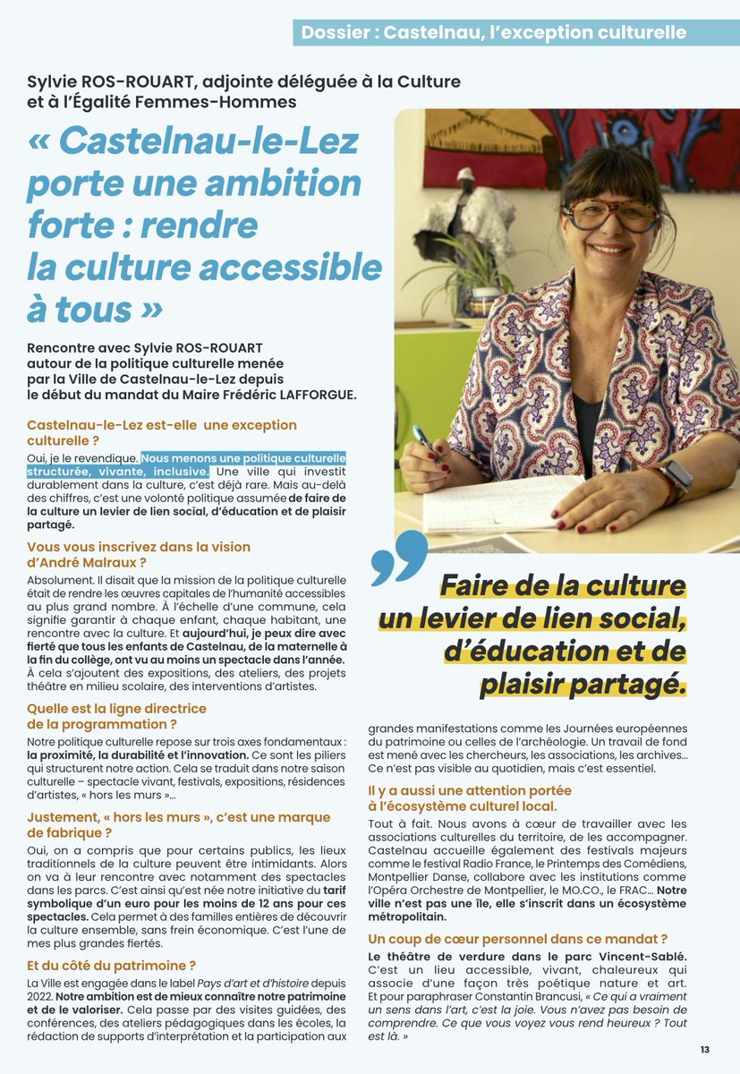 SRosRouart's tweet photo. 🎭 « Quand les élus font le choix fort de la culture »

Dans un contexte de tensions budgétaires, certaines collectivités font un choix clair : celui de continuer à investir dans la culture, envers et contre tout.
L’article du Monde revient sur ces élu·es qui considèrent la culture non pas comme une variable d’ajustement, mais comme une priorité politique, sociale, éducative et humaine.

🌟 J’ai eu l’honneur d’être mise en lumière comme l’une de ces élues dans le dossier « Castelnau, l’exception culturelle ».
Depuis 2020, à Castelnau-le-Lez, nous portons une politique structurée, vivante et inclusive. Une politique qui fait de la culture un levier de lien social, d’éducation et de plaisir partagé.

🎟️ Spectacles dès la maternelle, politique « hors les murs », tarif symbolique d’un euro pour les moins de 12 ans, théâtre de verdure spectacle vivant au cœur du parc… Notre engagement ne faiblit pas. Il s’intensifie.

💬 Parce que la culture n’est pas un supplément d’âme. Elle est ce qui relie, ce qui émancipe, ce qui soigne aussi.

📌 Merci au Monde et à toutes celles et ceux qui partagent cette conviction et ce combat.
@FLafforgue @CastelnauleLez @lemondefr 

#Culture #ÉlusLocaux #CastelnauLeLez #ÉducationArtistique #PolitiquesCulturelles #ÉgalitéFemmesHommes #TerritoiresEnActions #CulturePourTous