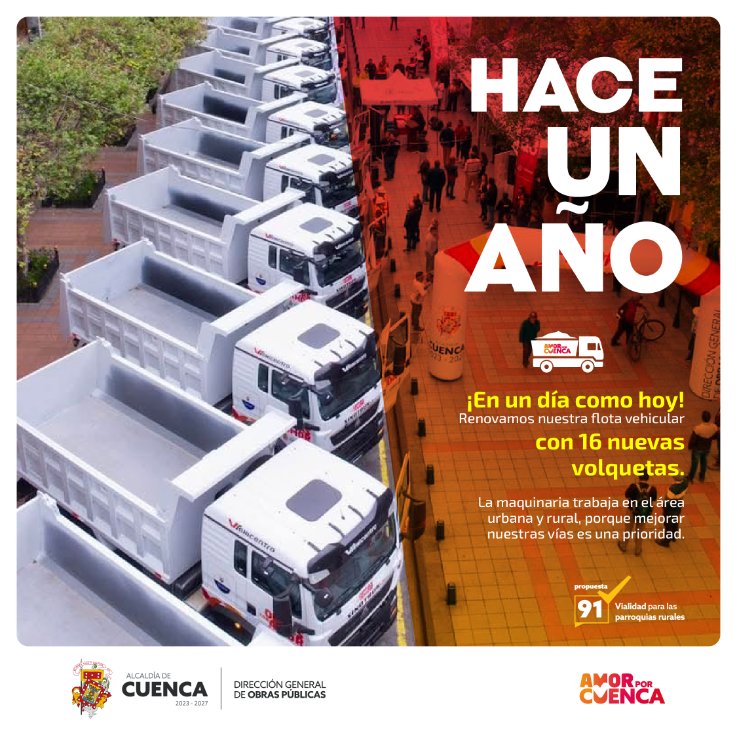 elmercurioec's tweet image. (P)
#Propuesta91 | ¡Seguimos construyendo sueños! 🚜
Gracias a la gestión del alcalde Cristian Zamora, renovamos nuestra flota vehicular con 1️⃣6️⃣ nuevas volquetas, lo que nos ha permitido mejorar la vialidad de Cuenca y atender todas las emergencias que se han presentado en la…
