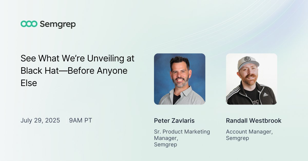 semgrep's tweet image. ✨ Coming to Black Hat—and to your screen early.
On July 29th at 9:00 AM PT, get a sneak preview of Semgrep’s latest:
✅ Secure Vibe Coding (Semgrep + Cursor)
✅ Zero False Positive SAST
✅ Transitive Reachability
✅ AI-generated + Click-to-Fix remediation
🔗 Save your spot:…