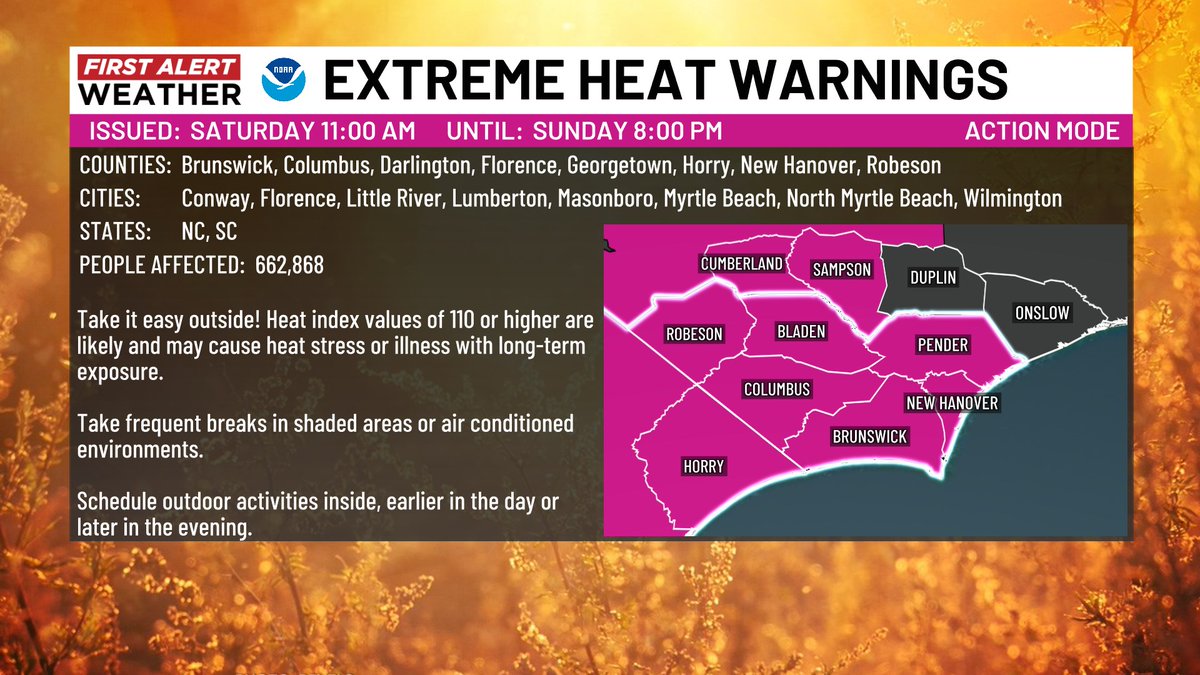 NEW: The <a href="/NWSWilmingtonNC/">NWS Wilmington, NC</a> has now upgraded the advisory this weekend to Extreme Heat Warning for counties in SENC. <a href="/WECTWeather/">WECT Weather</a> #ncwx #Weather